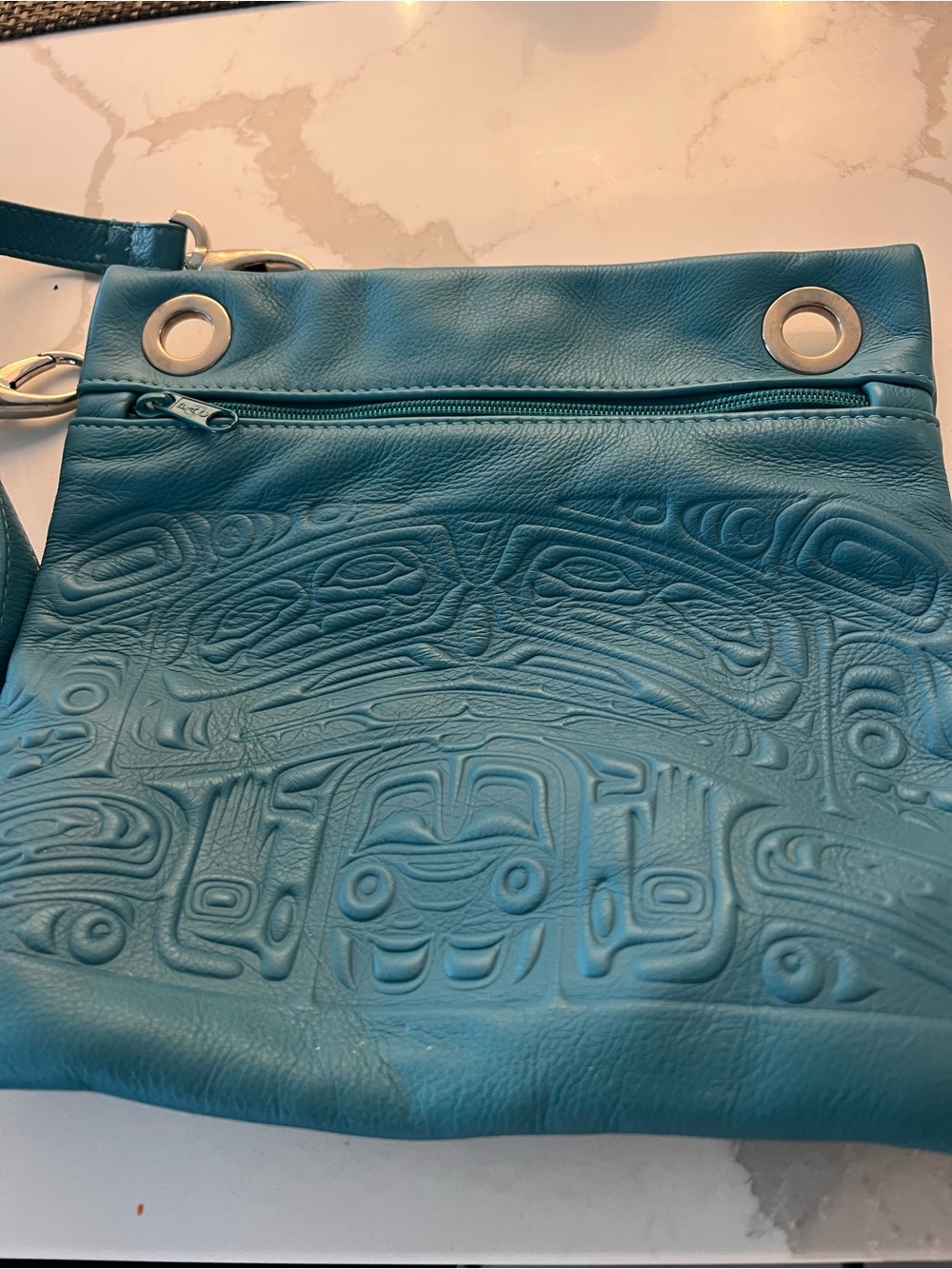 Teal Embossed Leather Crossbody Bag - Women's Shoulder Bag with Native motif